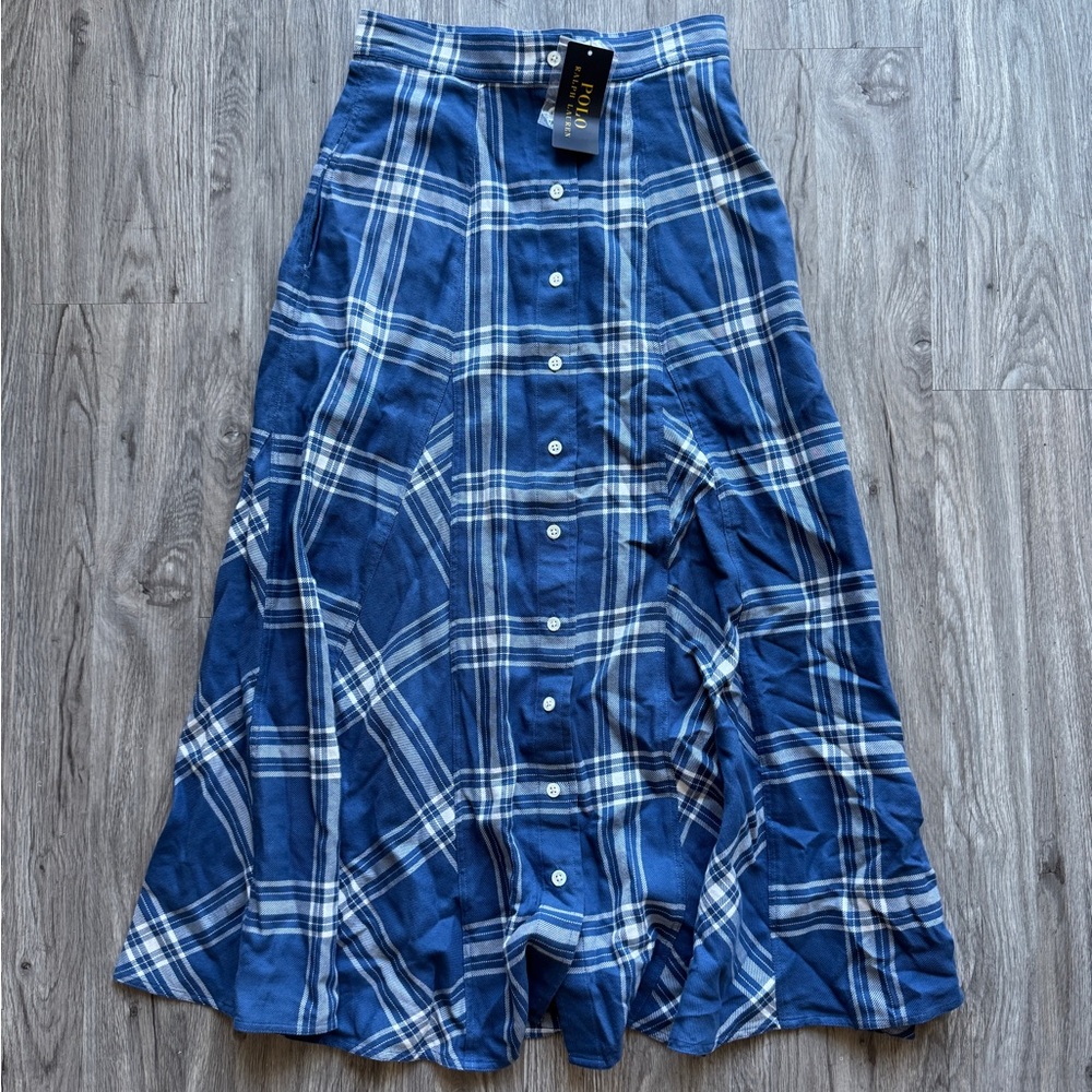 NWT Ralph Lauren Blue Plaid Button-Down Skirt